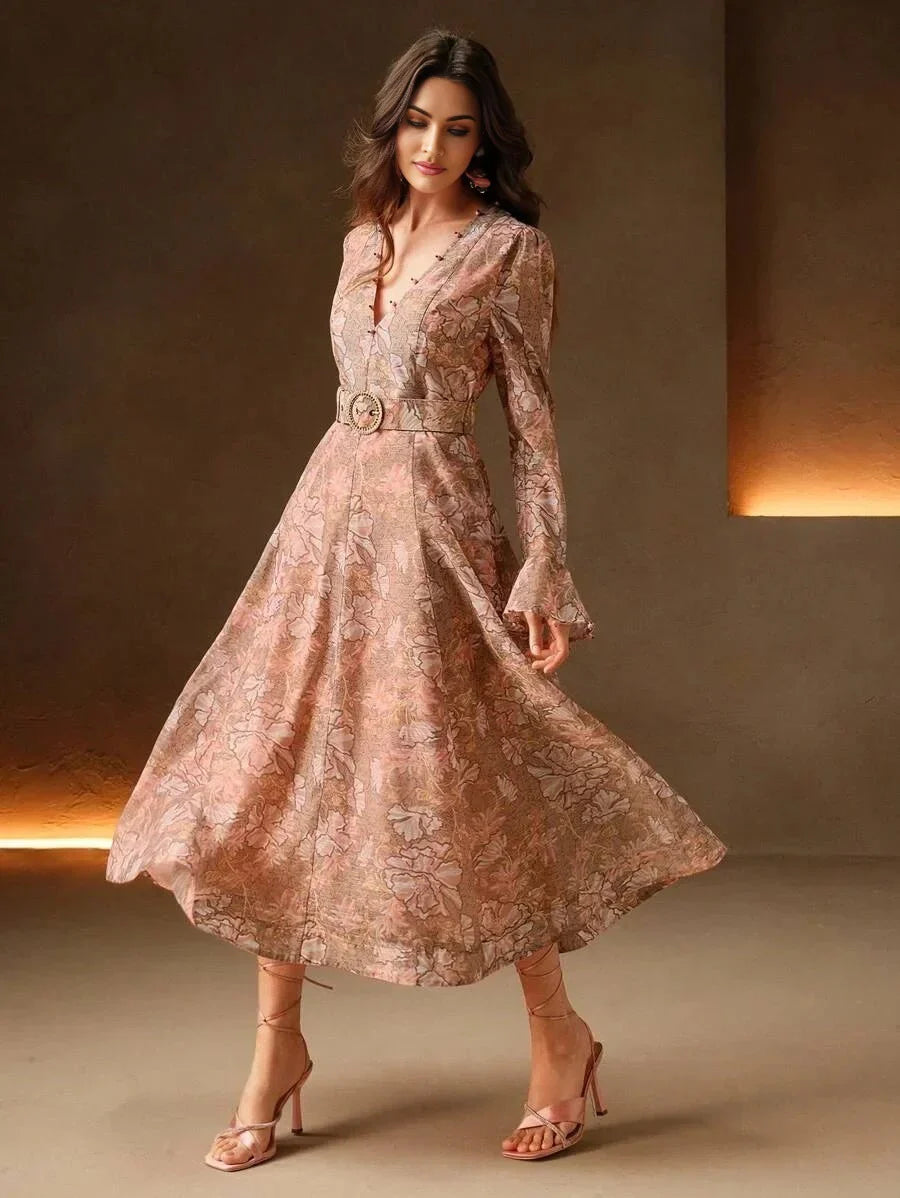Caterina Midi Dress - V Neck - Flare Sleeve - High Waist - A Line - Elegant