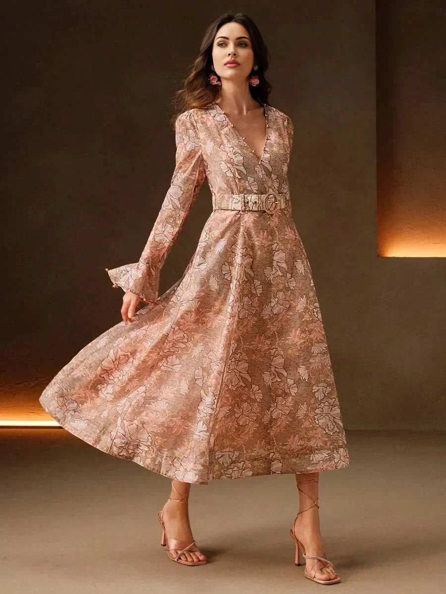 Caterina Midi Dress - V Neck - Flare Sleeve - High Waist - A Line - Elegant