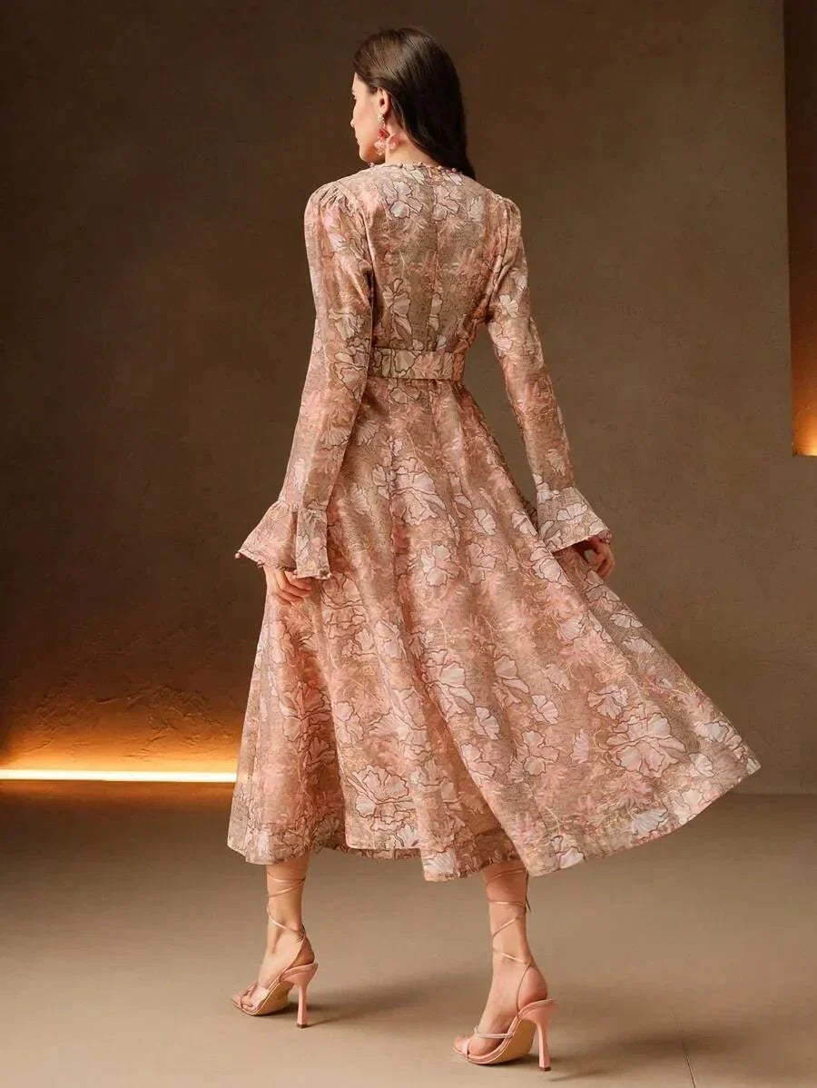 Caterina Midi Dress - V Neck - Flare Sleeve - High Waist - A Line - Elegant