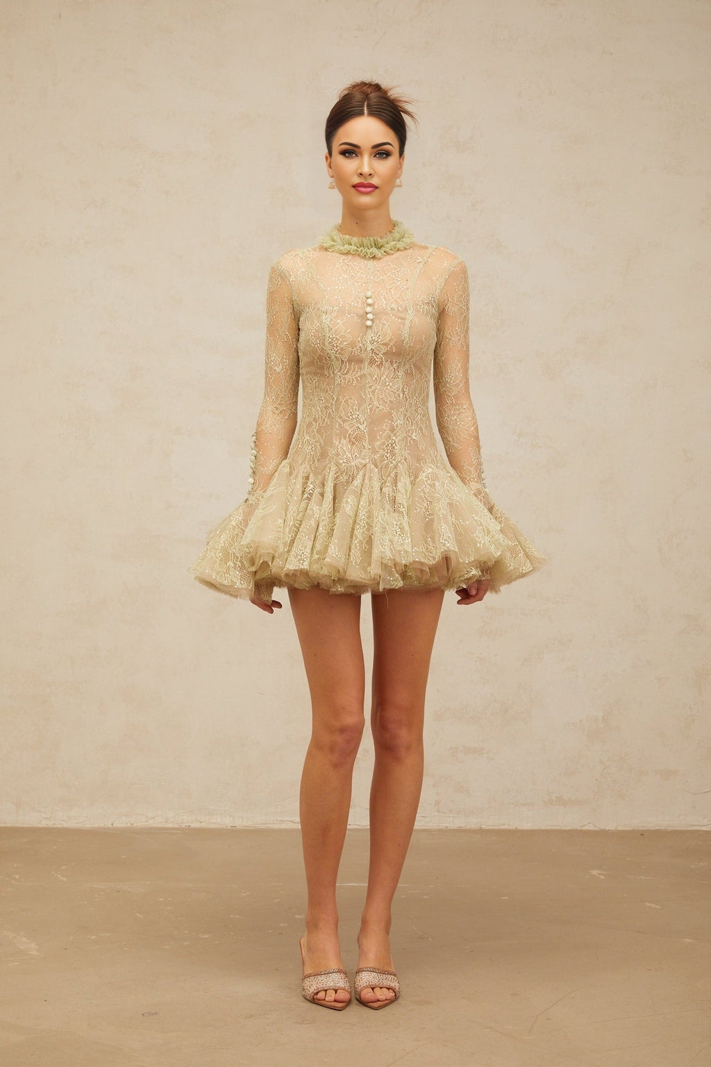 Caterina Mini Dress - Ruffled Neck - Flared Sleeves - Sequin Embellishment - Lace Embroidery - Pleated Detailing