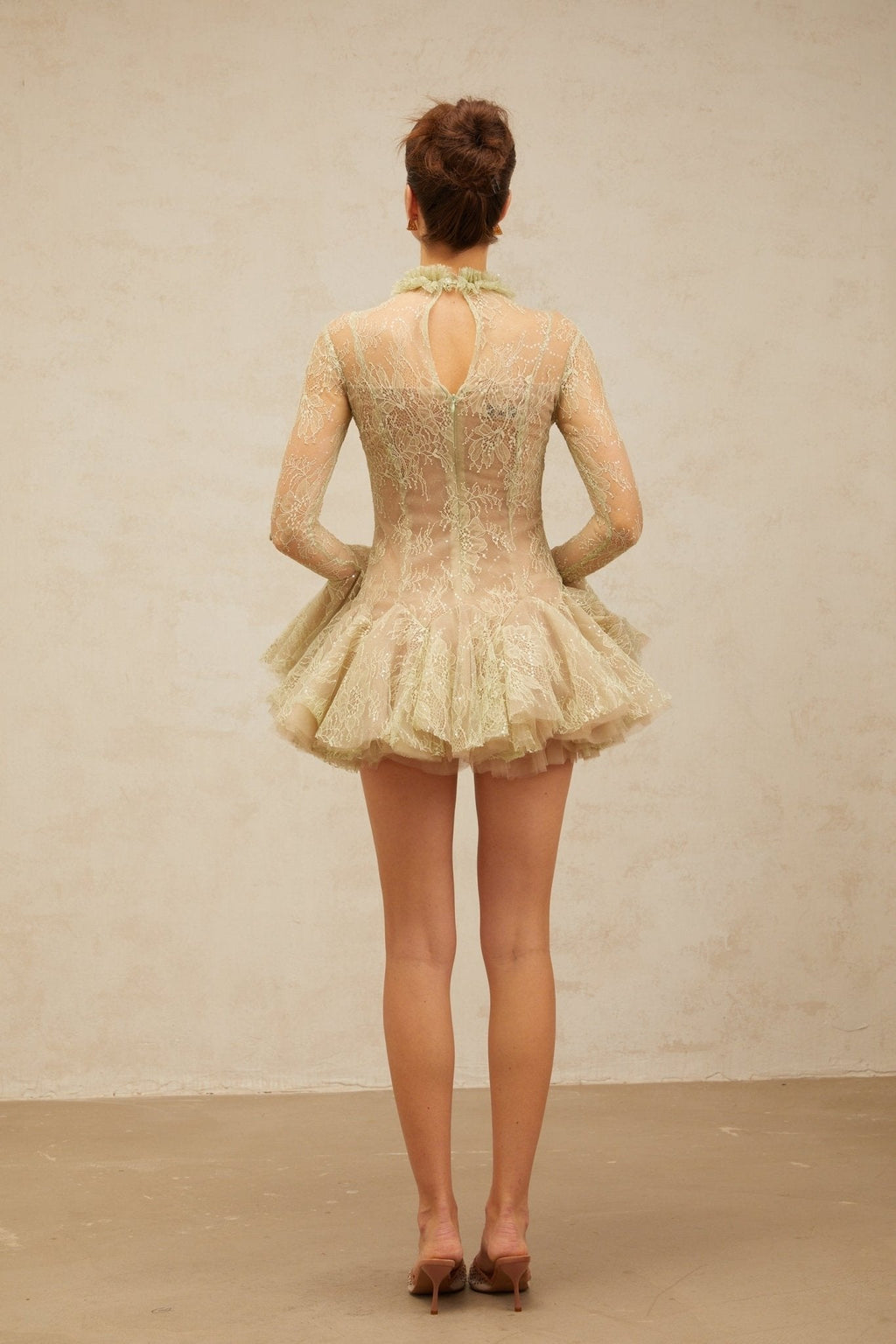Caterina Mini Dress - Ruffled Neck - Flared Sleeves - Sequin Embellishment - Lace Embroidery - Pleated Detailing