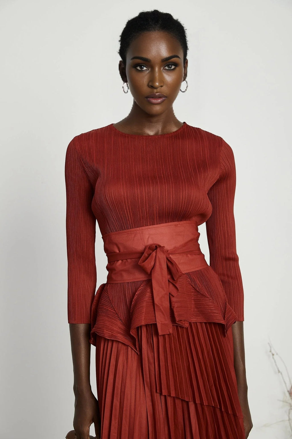 Caterina Top & Skirt Set - Elegant Bow - Tie Detail - Flattering Pleats - Asymmetric Hem - Layered Design - Ankle Length