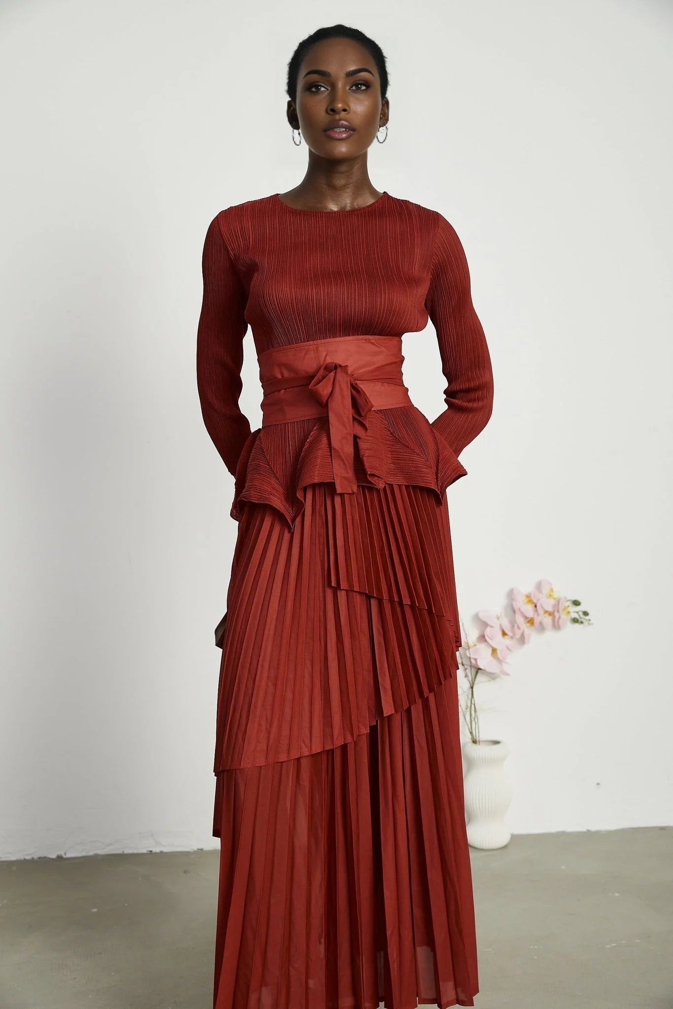 Caterina Top & Skirt Set - Elegant Bow - Tie Detail - Flattering Pleats - Asymmetric Hem - Layered Design - Ankle Length