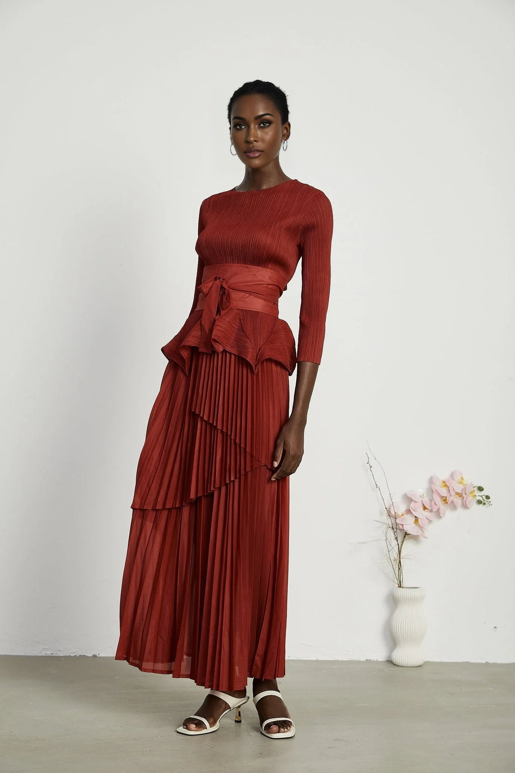 Caterina Top & Skirt Set - Elegant Bow - Tie Detail - Flattering Pleats - Asymmetric Hem - Layered Design - Ankle Length