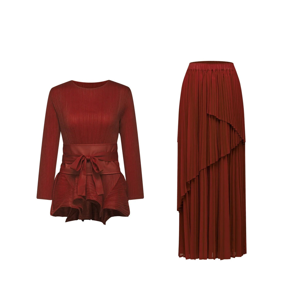 Caterina Top & Skirt Set - Elegant Bow - Tie Detail - Flattering Pleats - Asymmetric Hem - Layered Design - Ankle Length