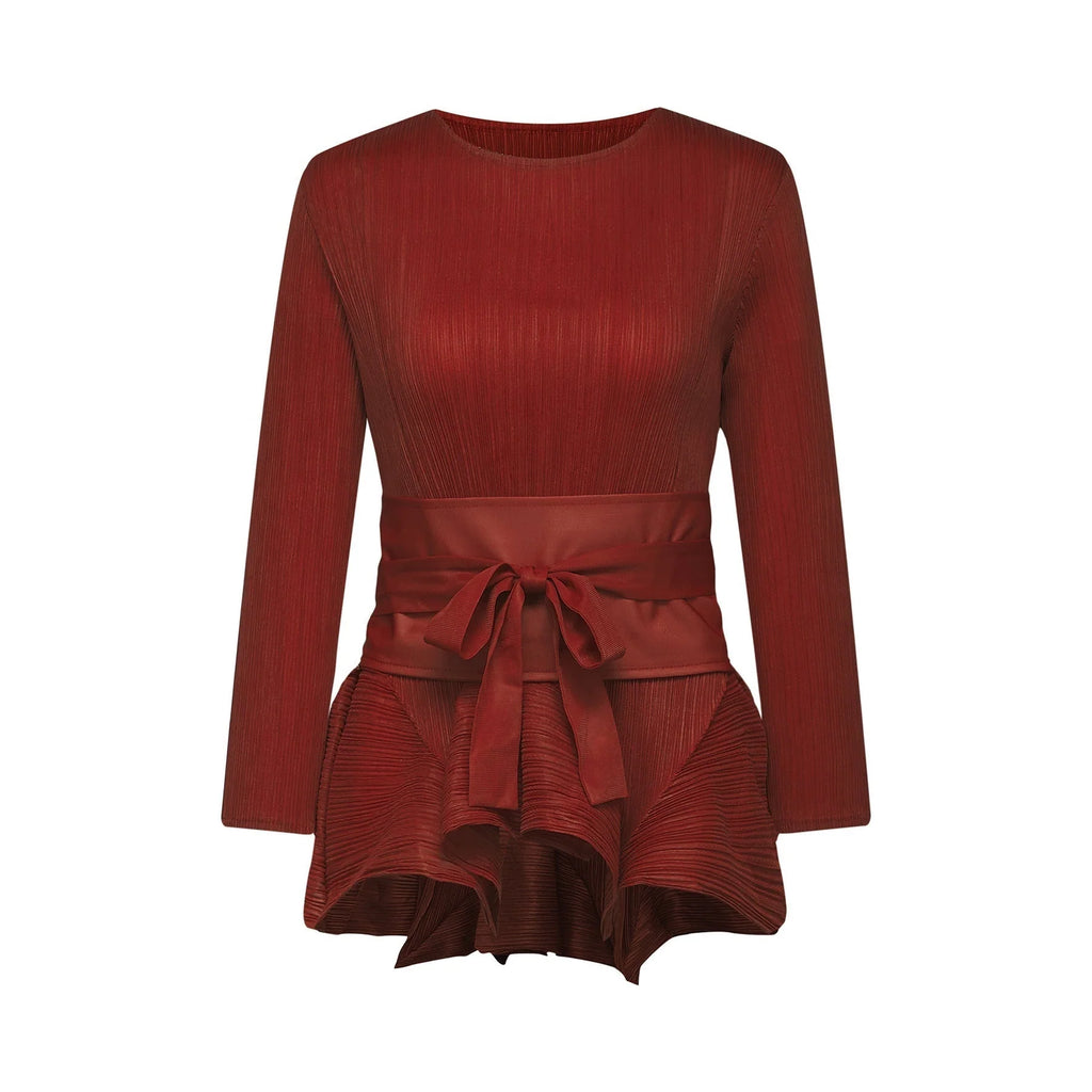 Caterina Top & Skirt Set - Elegant Bow - Tie Detail - Flattering Pleats - Asymmetric Hem - Layered Design - Ankle Length