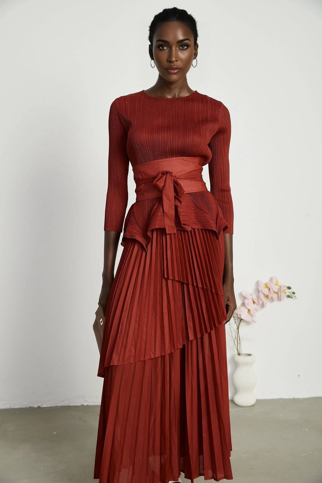 Caterina Top & Skirt Set - Elegant Bow - Tie Detail - Flattering Pleats - Asymmetric Hem - Layered Design - Ankle Length