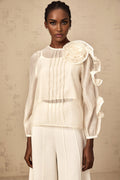 Caterinella Blouse – 3D Flower Detailing – Long Puff Sleeves – Crew Neck