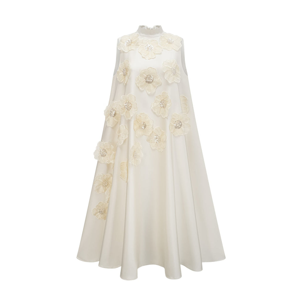 Caterinella Floral Midi Dress - Sleeveless Style - Beaded Floral Appliqué - A - line Cut - Rear Zip Fastening