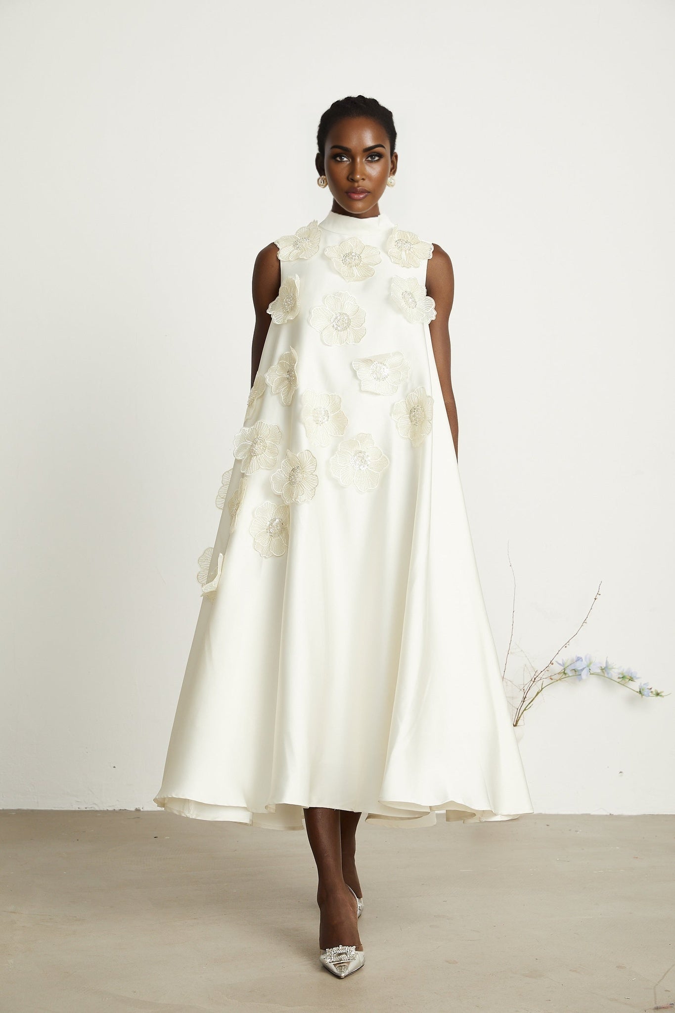 Caterinella Floral Midi Dress - Sleeveless Style - Beaded Floral Appliqué - A - line Cut - Rear Zip Fastening
