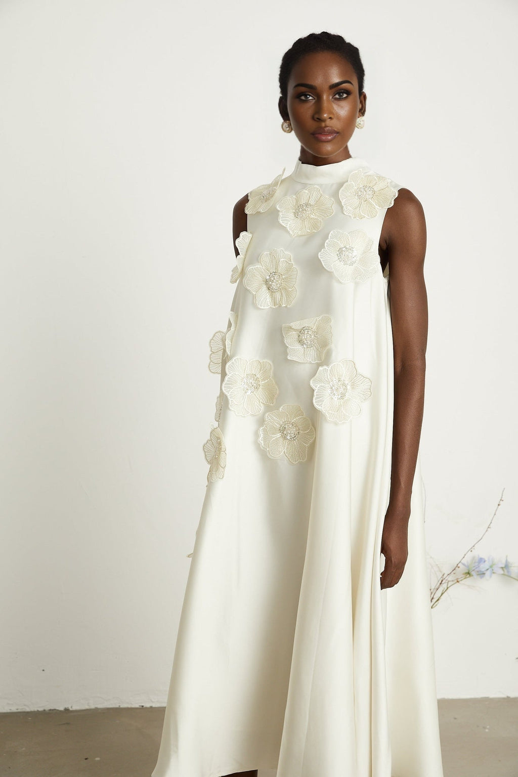 Caterinella Floral Midi Dress - Sleeveless Style - Beaded Floral Appliqué - A - line Cut - Rear Zip Fastening