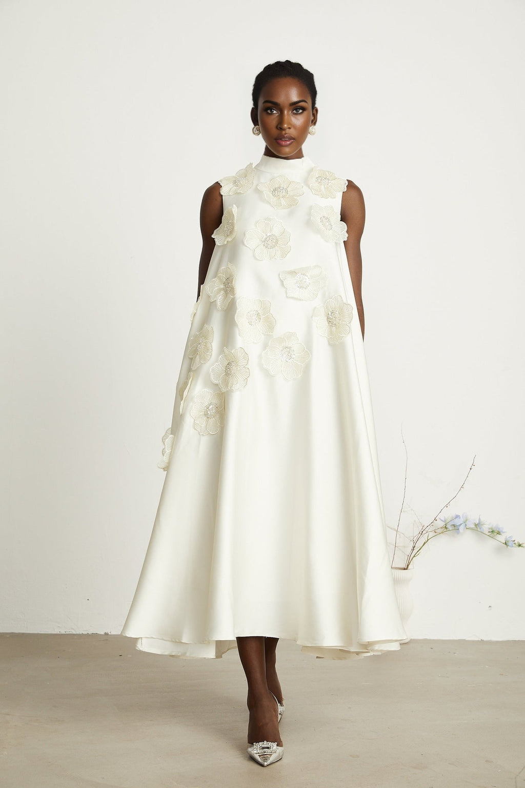 Caterinella Floral Midi Dress - Sleeveless Style - Beaded Floral Appliqué - A - line Cut - Rear Zip Fastening