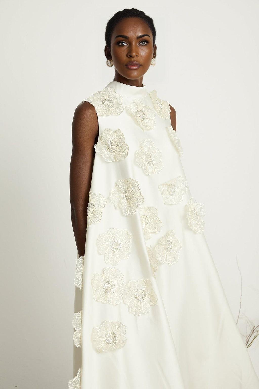 Caterinella Floral Midi Dress - Sleeveless Style - Beaded Floral Appliqué - A - line Cut - Rear Zip Fastening