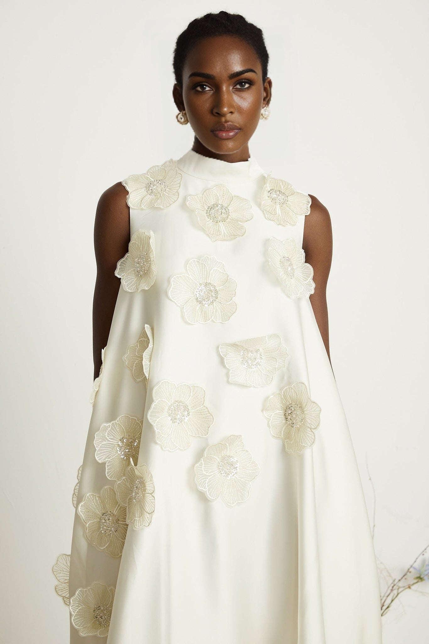 Caterinella Floral Midi Dress - Sleeveless Style - Beaded Floral Appliqué - A - line Cut - Rear Zip Fastening