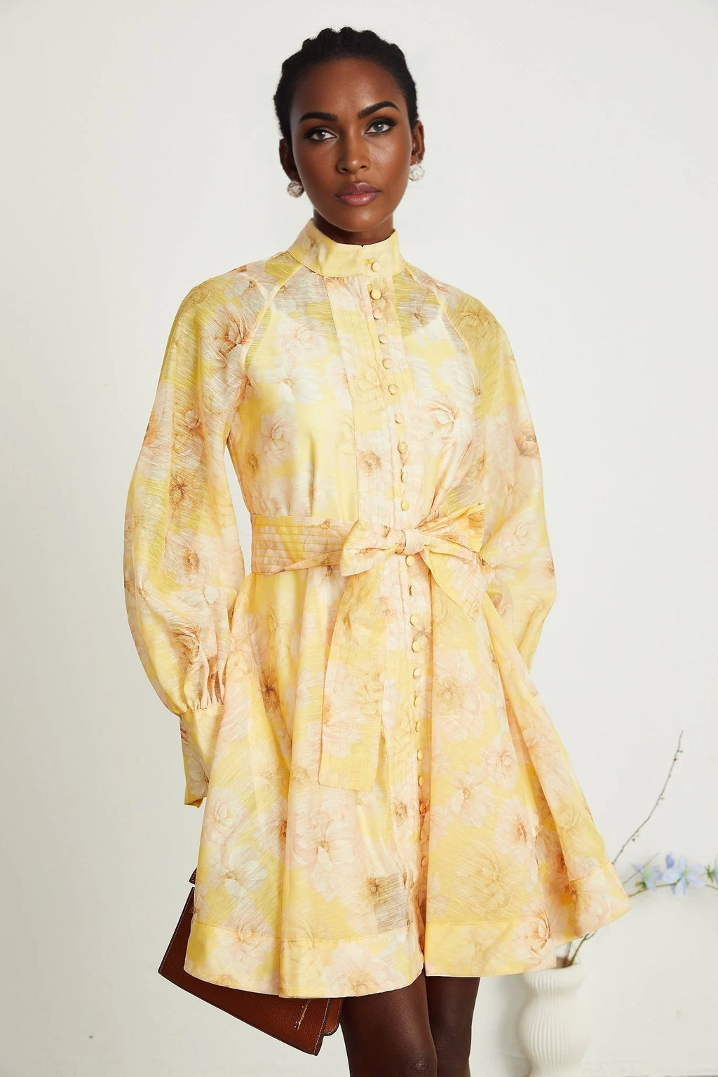 Caterinella Floral Mini Dress - Long Sleeve - Detachable Belt - Flared Skirt - Button Front