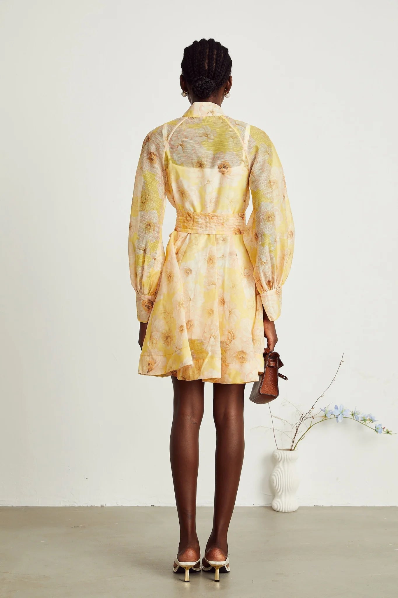 Caterinella Floral Mini Dress - Long Sleeve - Detachable Belt - Flared Skirt - Button Front