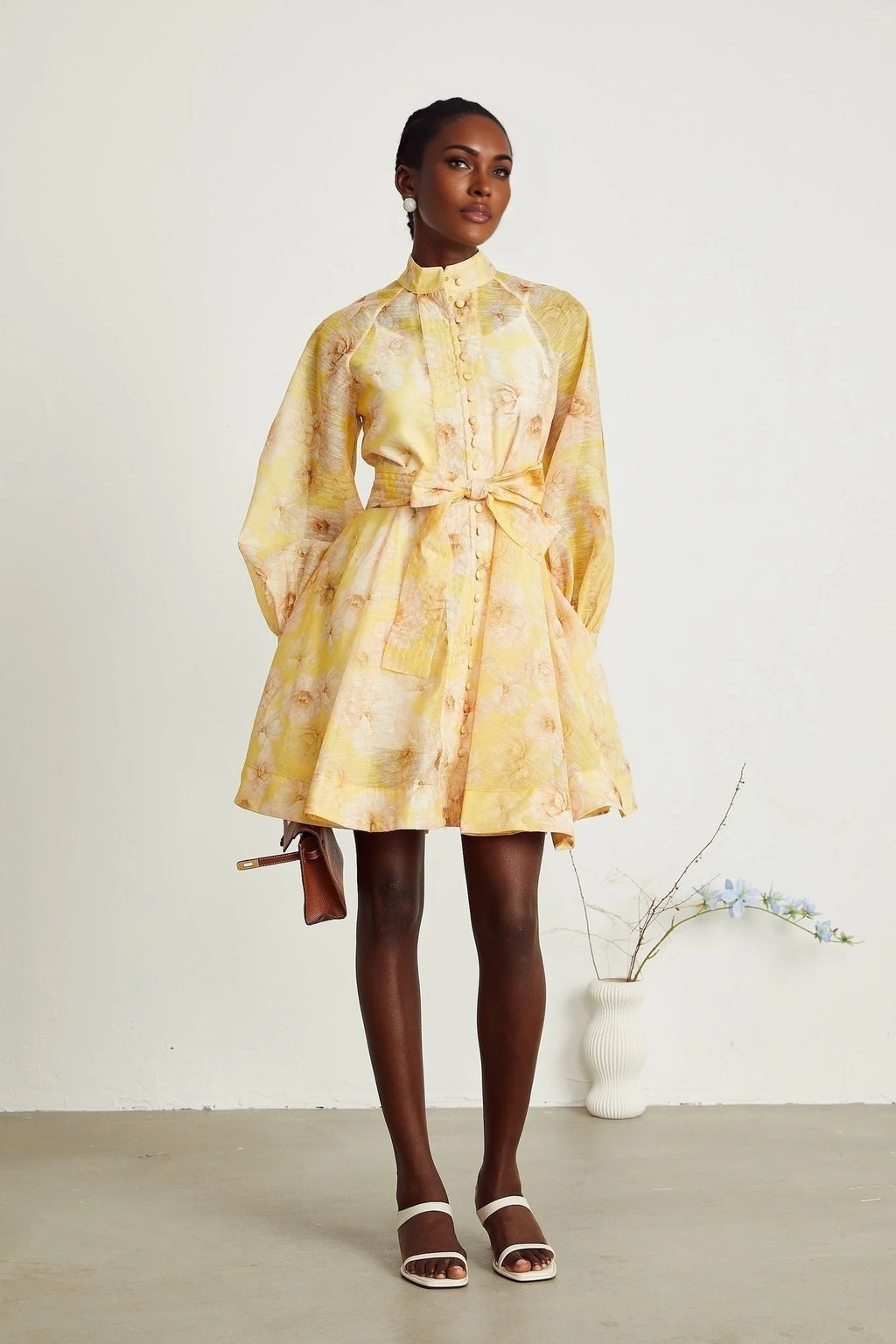 Caterinella Floral Mini Dress - Long Sleeve - Detachable Belt - Flared Skirt - Button Front