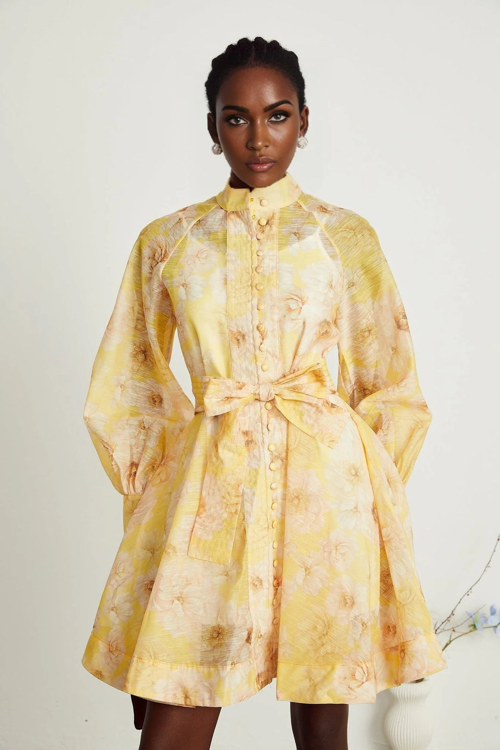 Caterinella Floral Mini Dress - Long Sleeve - Detachable Belt - Flared Skirt - Button Front