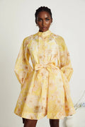 Caterinella Floral Mini Dress - Long Sleeve - Detachable Belt - Flared Skirt - Button Front