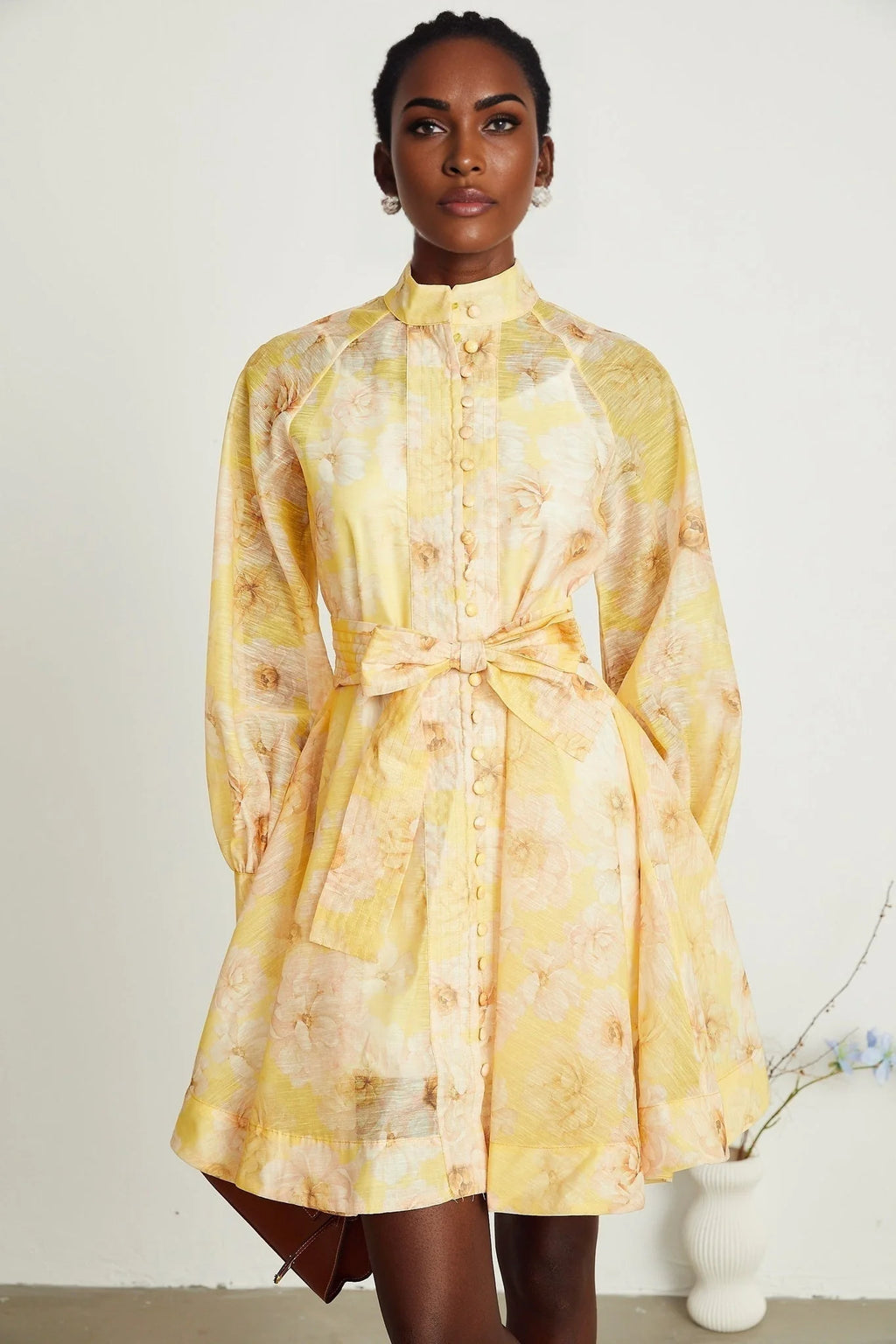 Caterinella Floral Mini Dress - Long Sleeve - Detachable Belt - Flared Skirt - Button Front