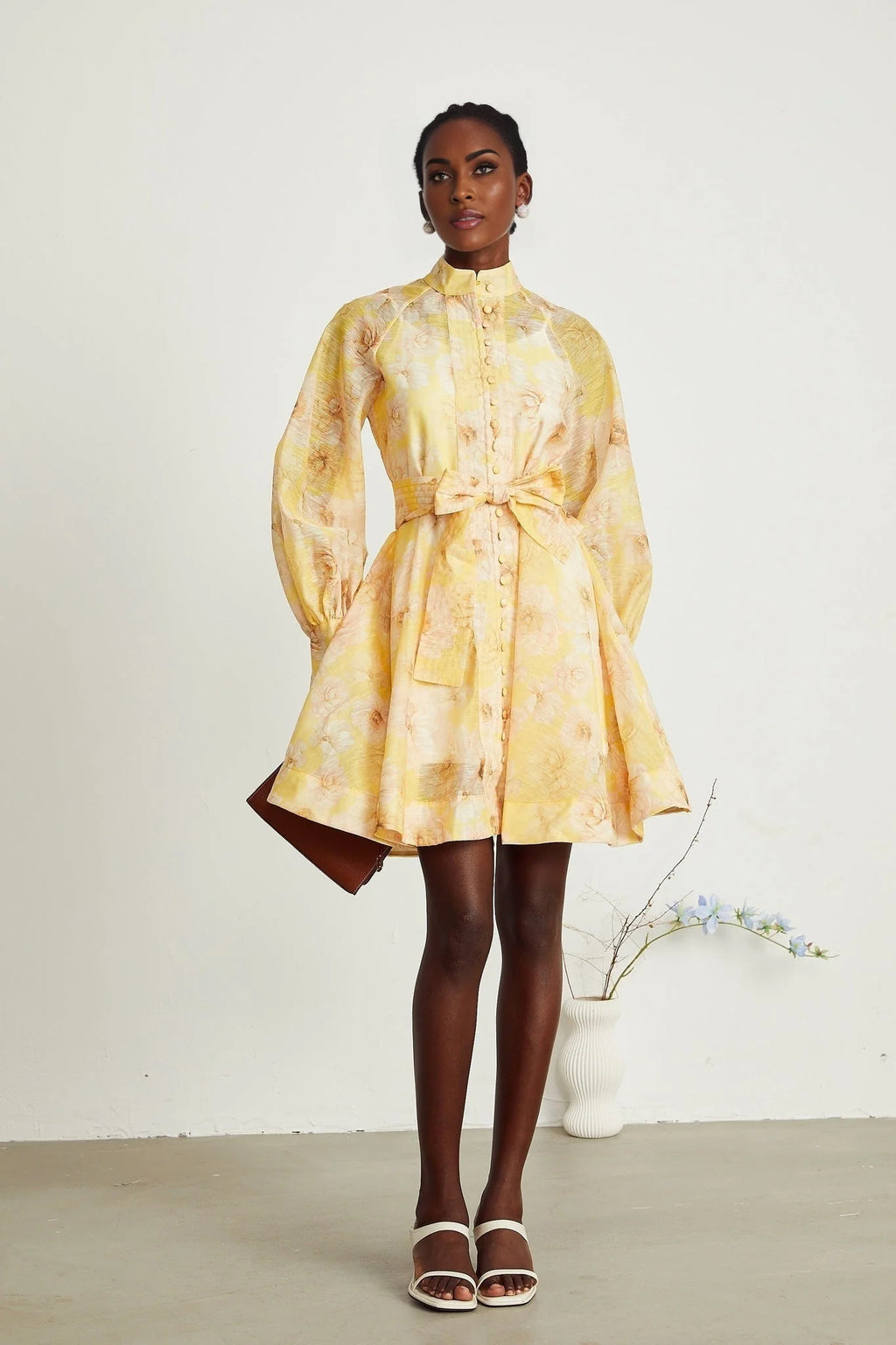 Caterinella Floral Mini Dress - Long Sleeve - Detachable Belt - Flared Skirt - Button Front