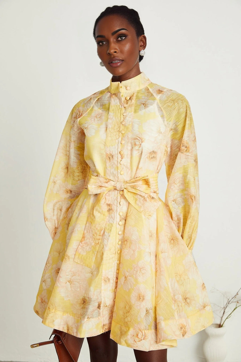 Caterinella Floral Mini Dress - Long Sleeve - Detachable Belt - Flared Skirt - Button Front