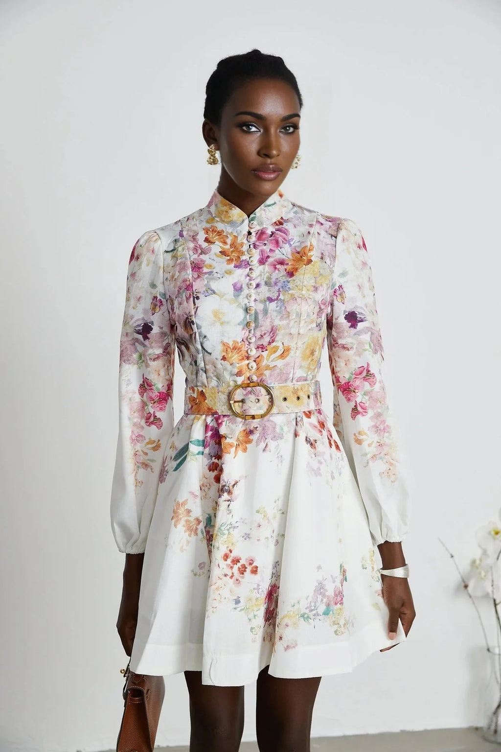 Caterinella Mini Dress White Floral Print Elastic Cuffs & Flared Skirt