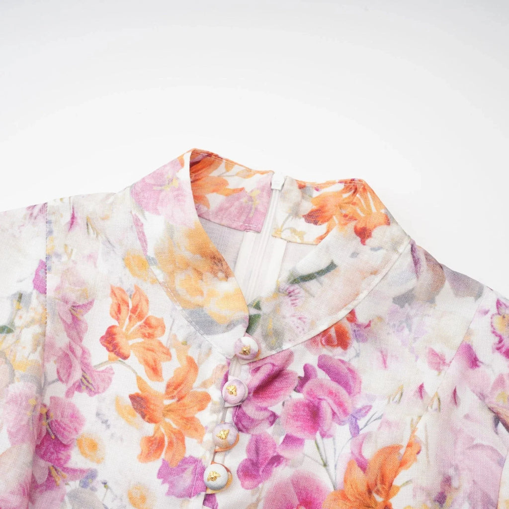 Caterinella Mini Dress White Floral Print Elastic Cuffs & Flared Skirt