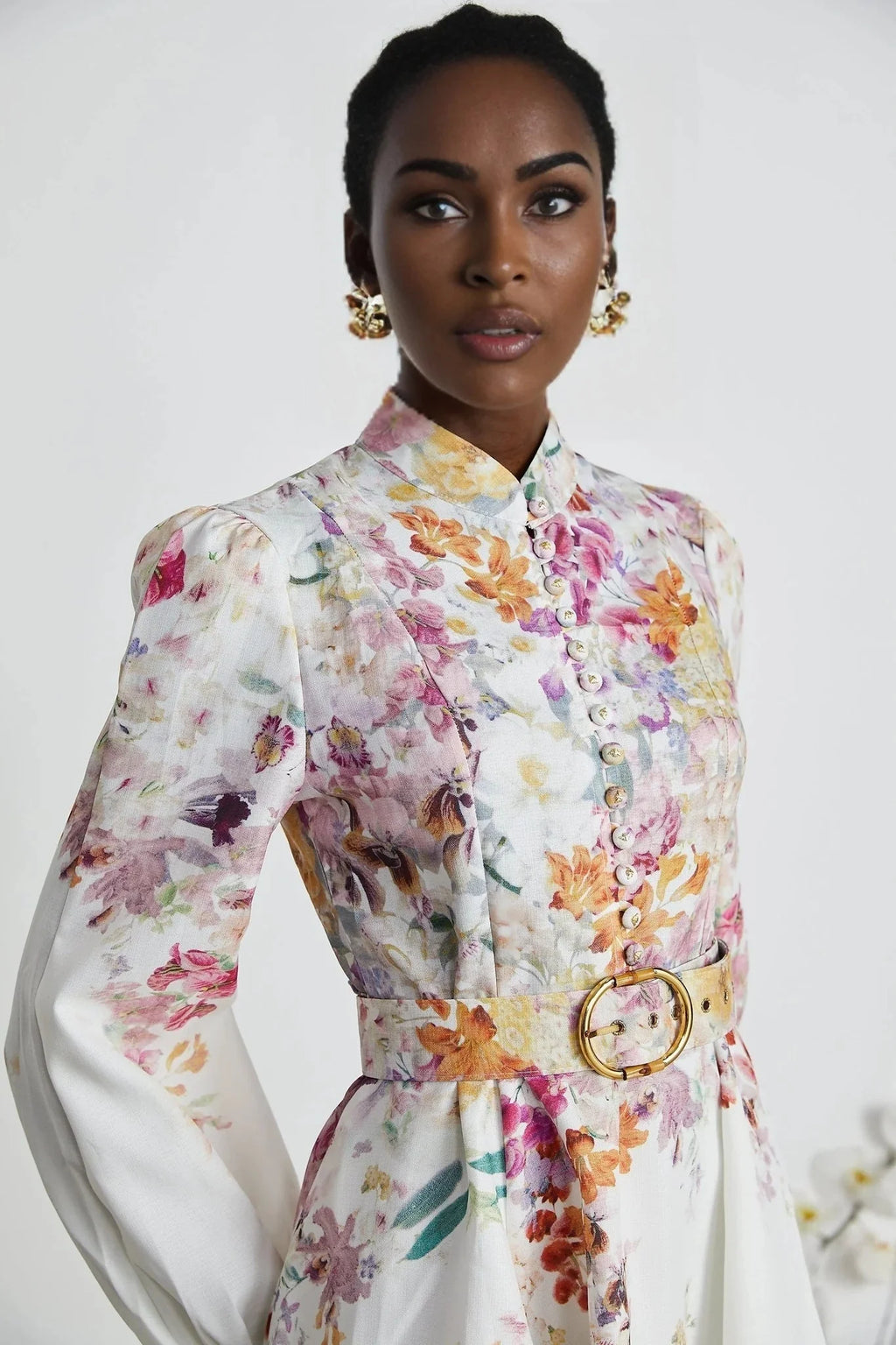 Caterinella Mini Dress White Floral Print Elastic Cuffs & Flared Skirt