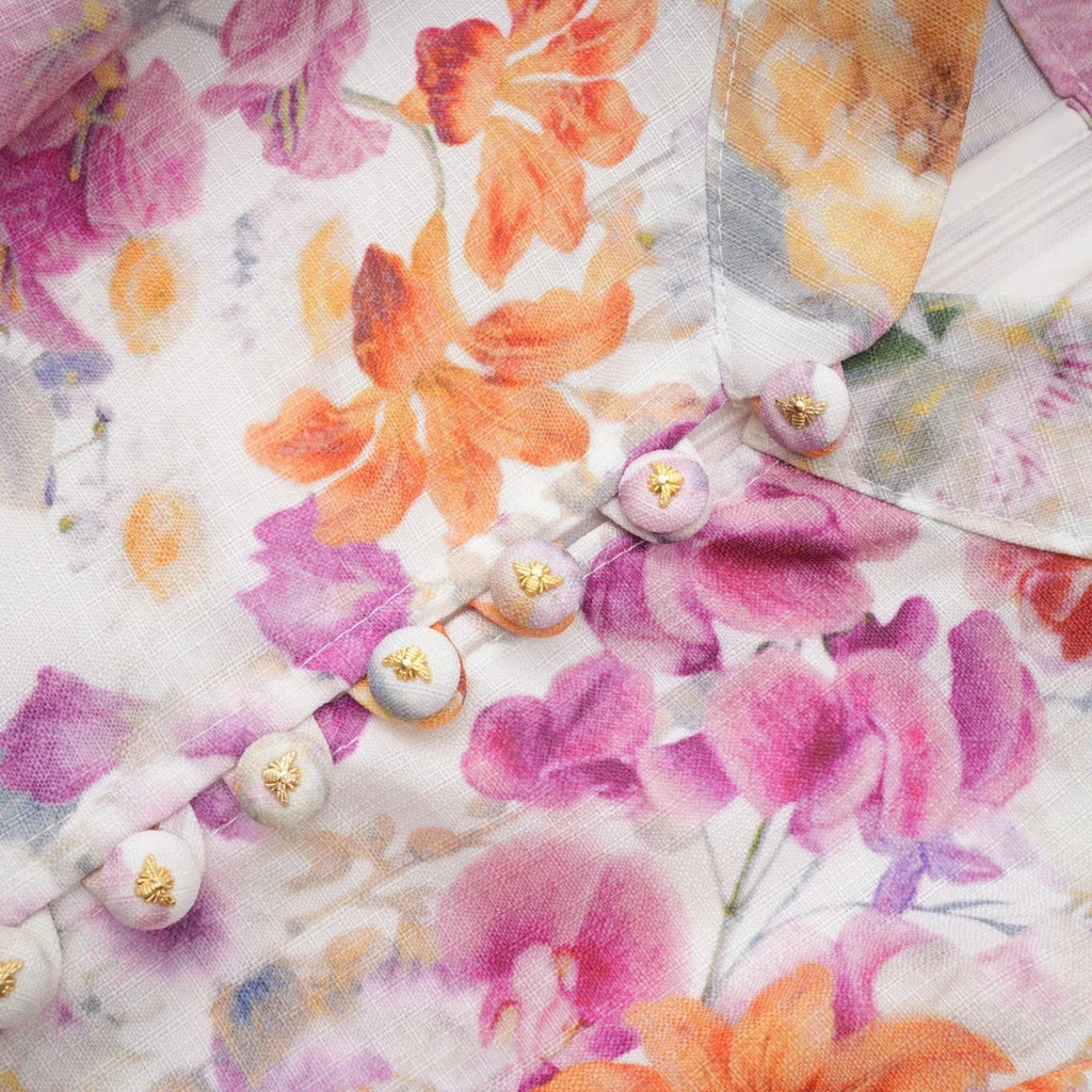 Caterinella Mini Dress White Floral Print Elastic Cuffs & Flared Skirt