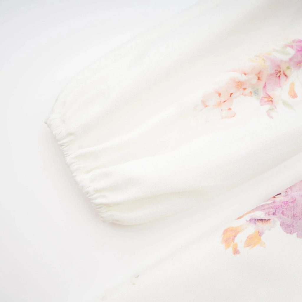 Caterinella Mini Dress White Floral Print Elastic Cuffs & Flared Skirt