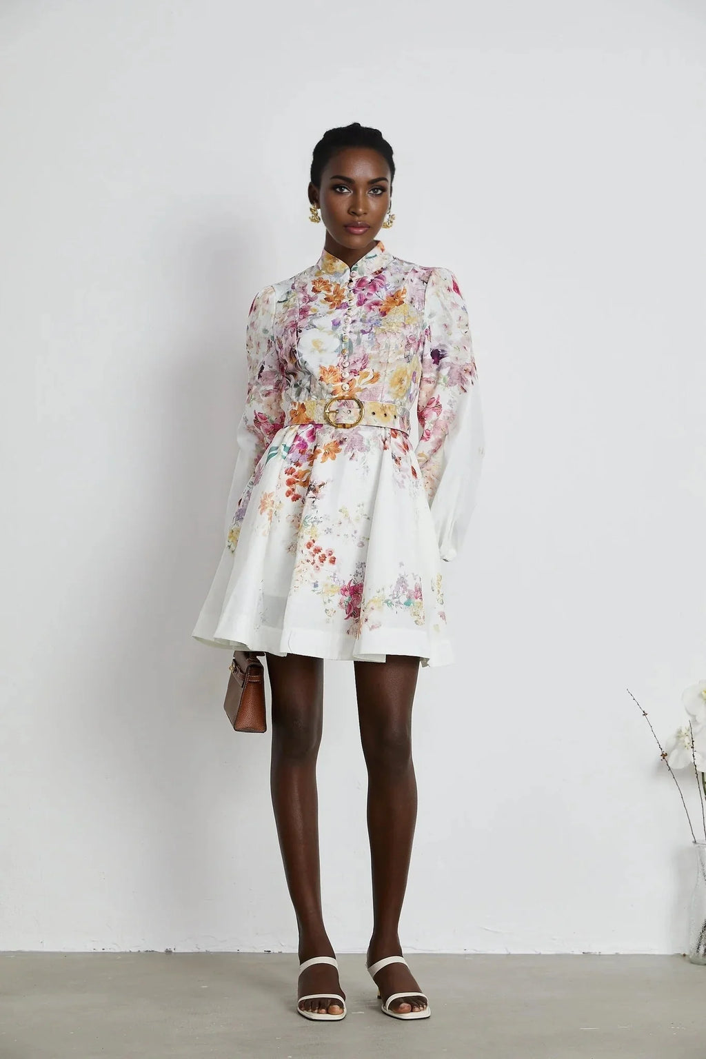 Caterinella Mini Dress White Floral Print Elastic Cuffs & Flared Skirt