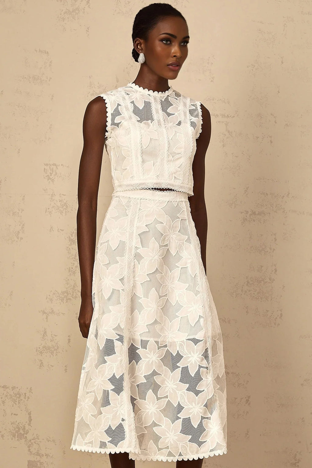 Caterinella Top & Skirt Set White Floral Embroidered Scallop Hem