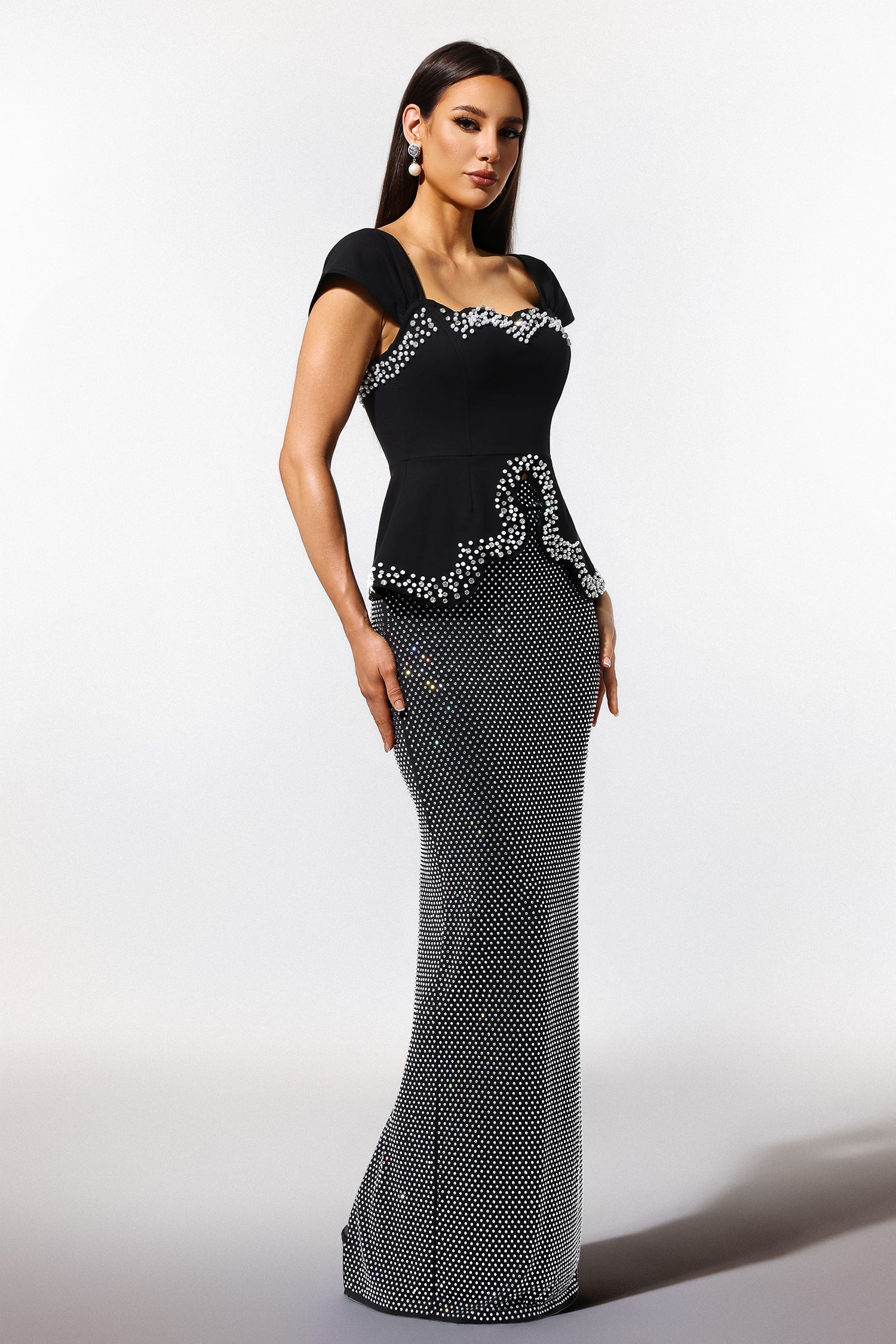 Catherine Black Bandage Peplum Diamond Embellished Evening Dress