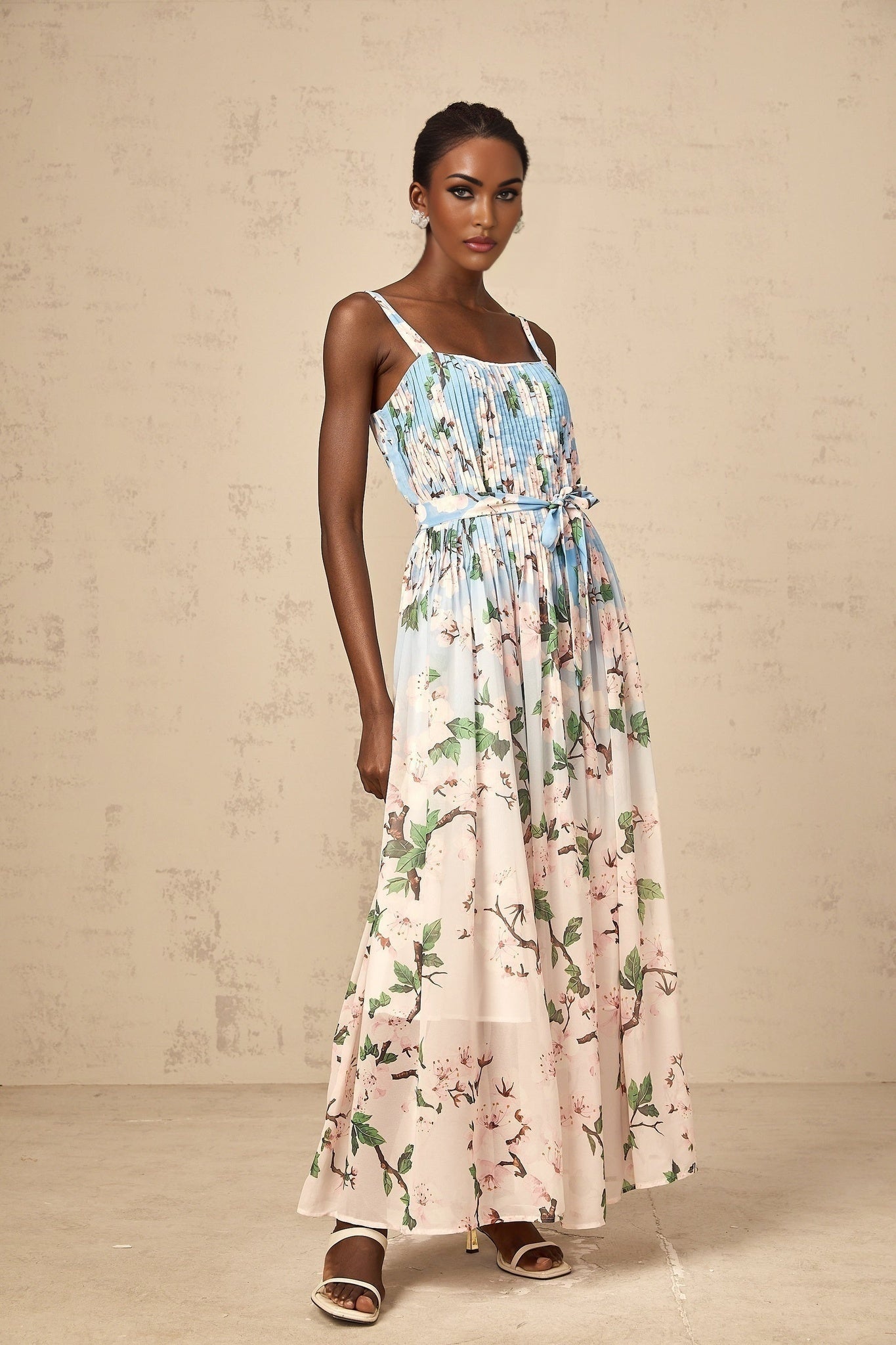 Catherine Floral Maxi Dress - Thin Straps - Sleeveless - Pressed Crease Detail - Tied Waist