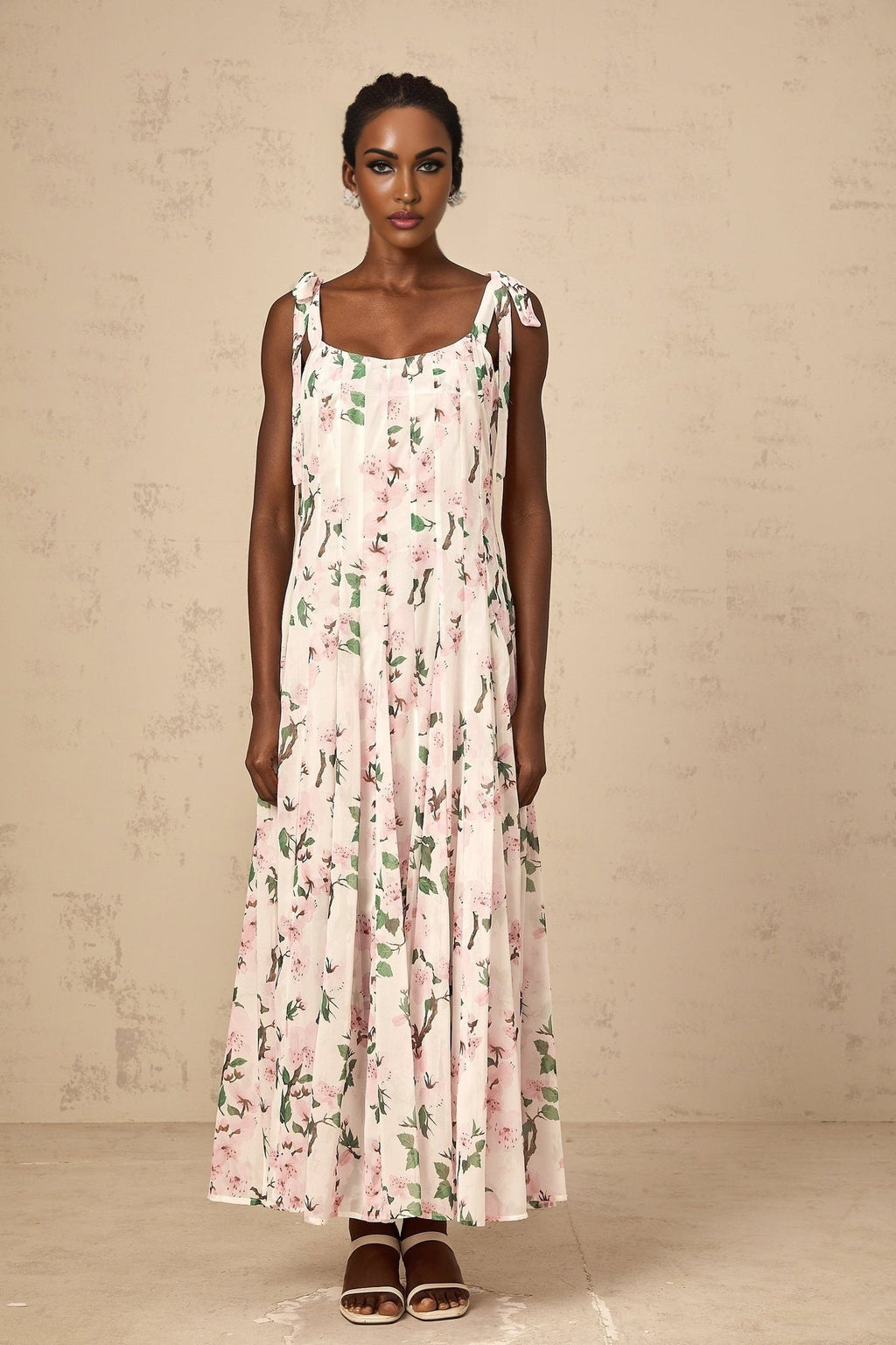 Catherine Floral Maxi Dress - Tie - Fastening Straps - Square Neck - Pleated Design - Cinched Waist