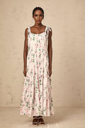 Catherine Floral Maxi Dress - Tie - Fastening Straps - Square Neck - Pleated Design - Cinched Waist