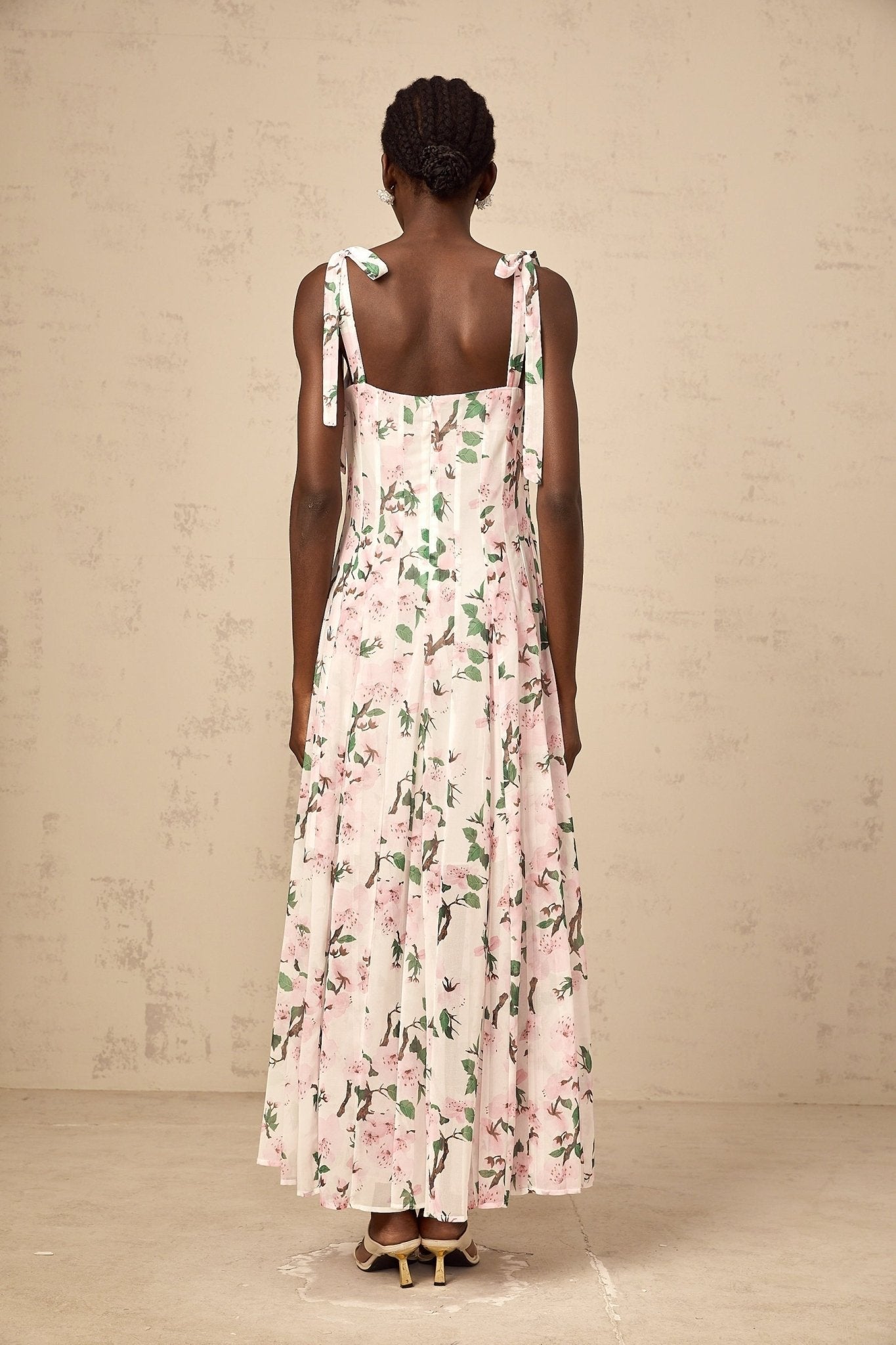 Catherine Floral Maxi Dress - Tie - Fastening Straps - Square Neck - Pleated Design - Cinched Waist