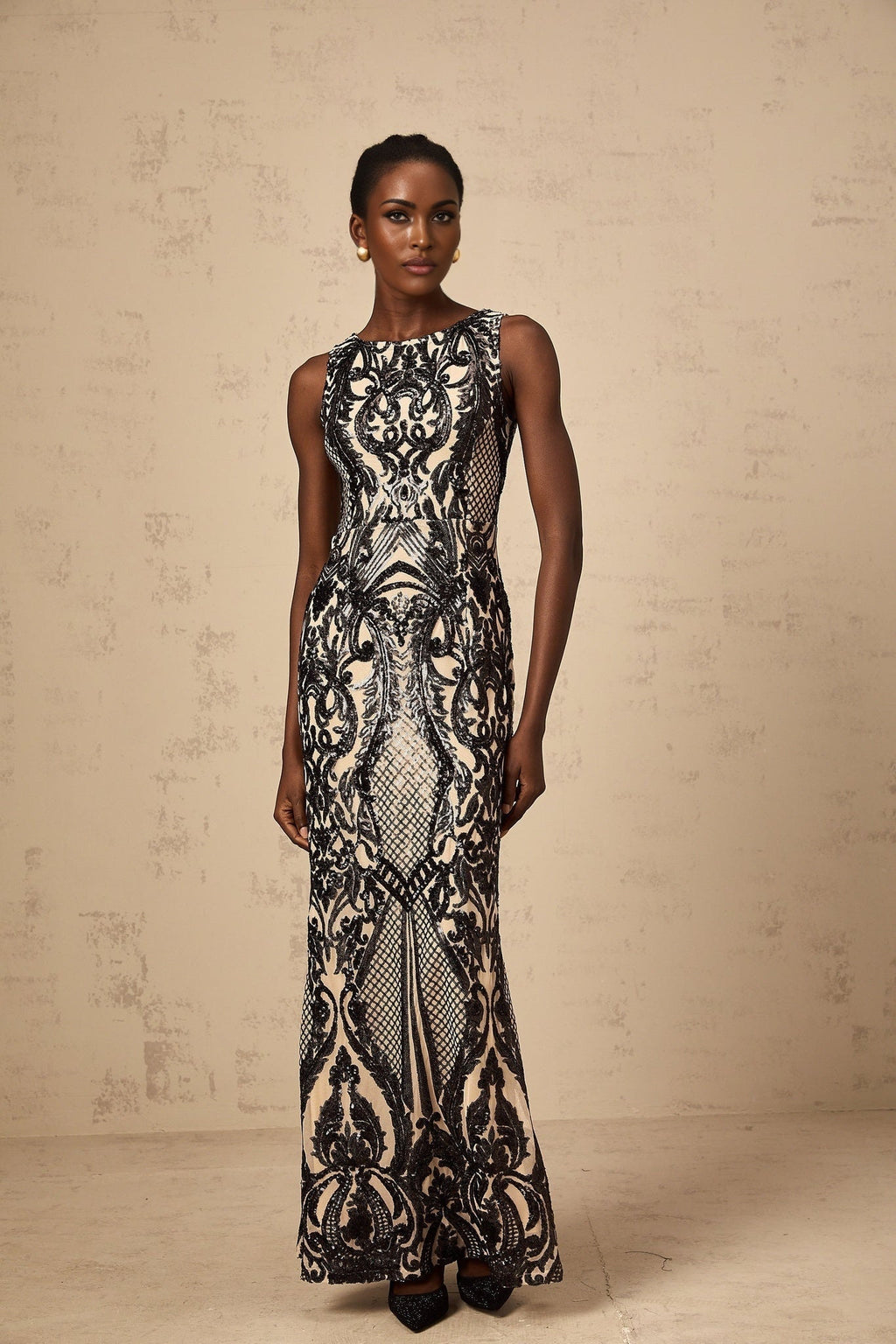 Catherine Maxi Dress - Sleeveless with Boat Neck - Fitted Silhouette - Sequin - Embellished with Mesh and Paisley Jacquard
