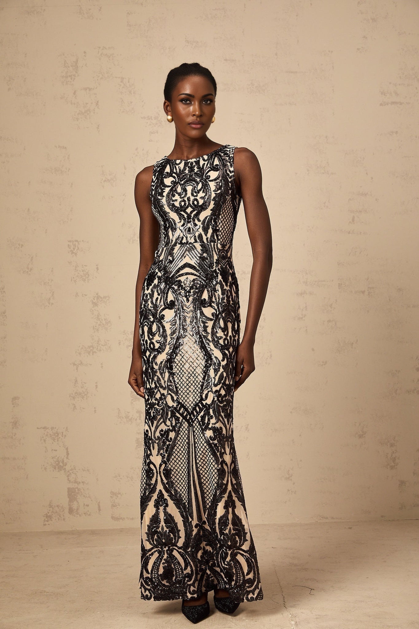 Catherine Maxi Dress - Sleeveless with Boat Neck - Fitted Silhouette - Sequin - Embellished with Mesh and Paisley Jacquard