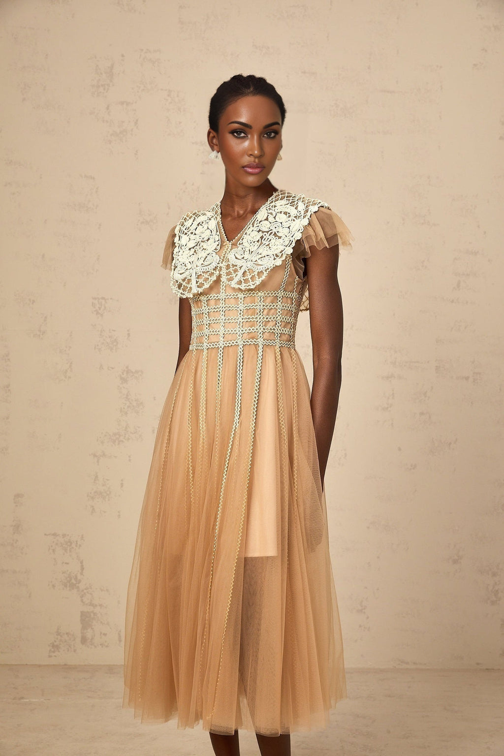 Catherine Midi Dress – Tulle – V Neck – Lace Panelling