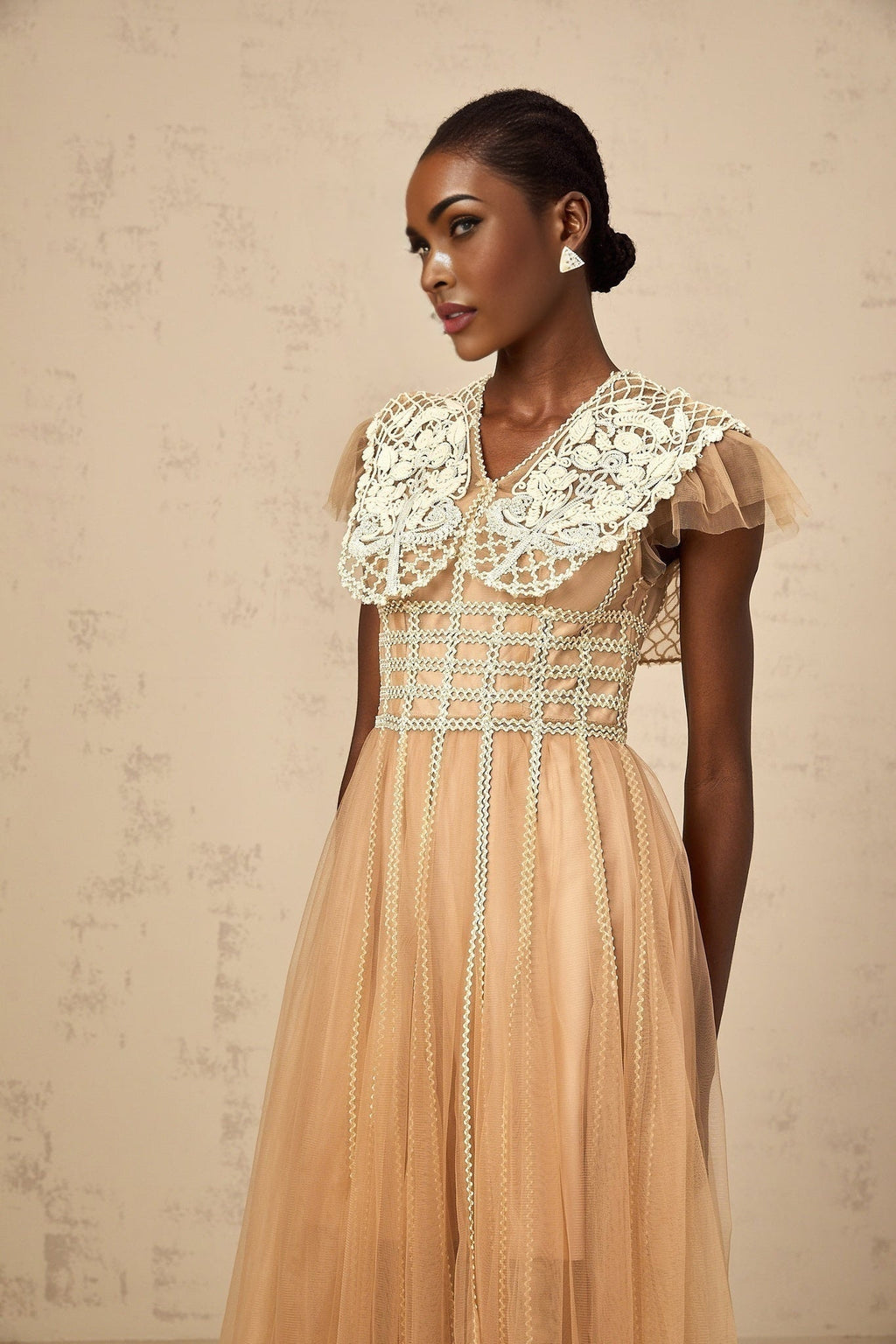 Catherine Midi Dress – Tulle – V Neck – Lace Panelling