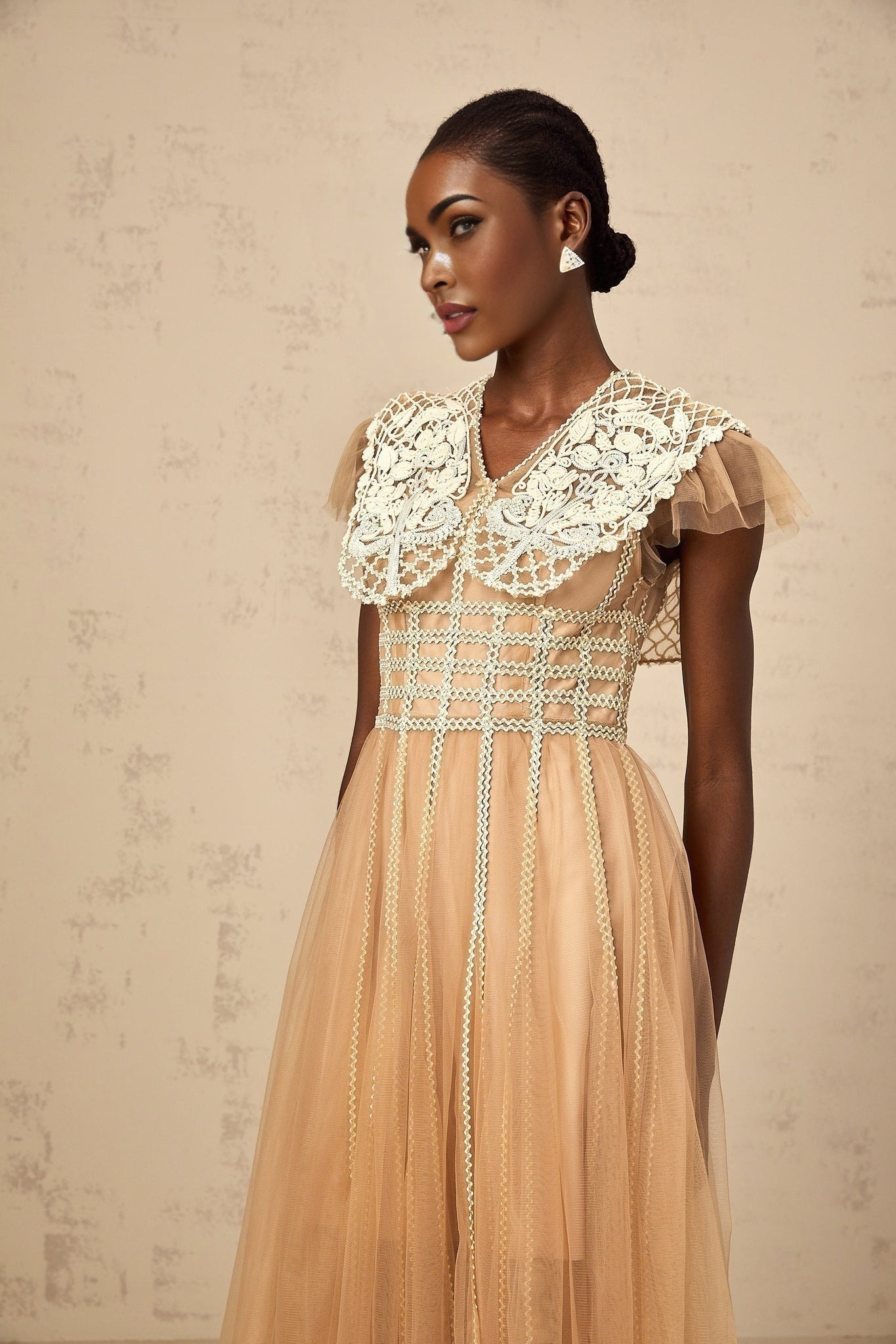 Catherine Midi Dress – Tulle – V Neck – Lace Panelling