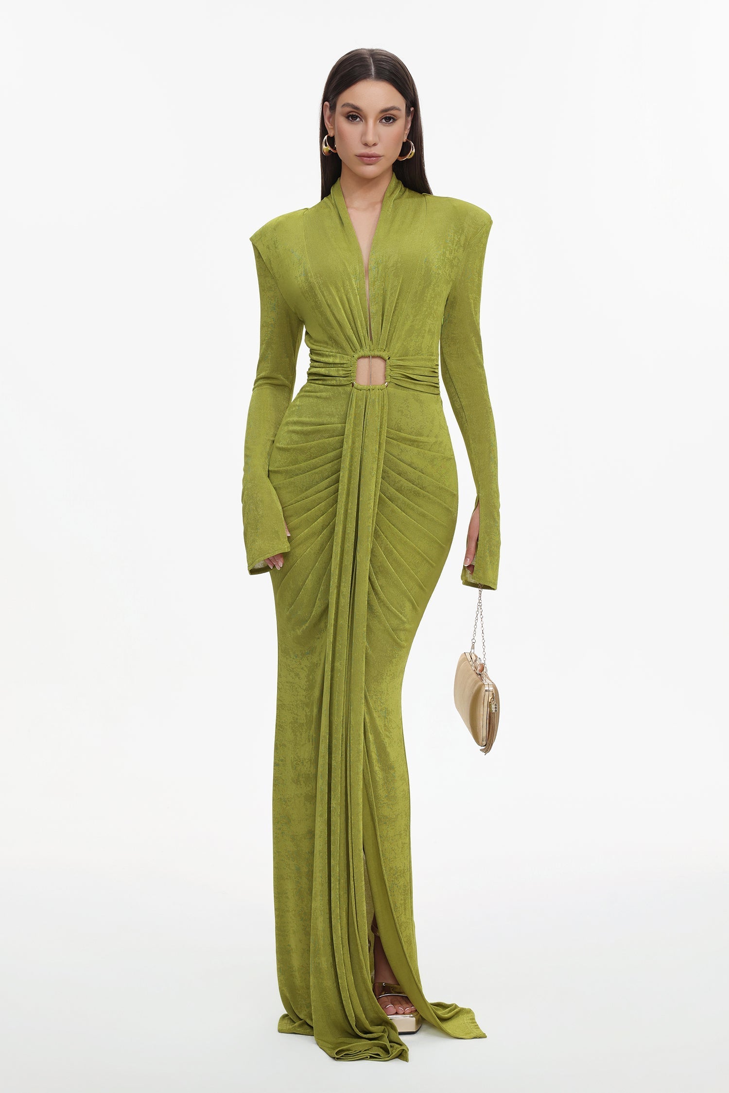 Cecilia Green Maxi Dress V-Neck Long Sleeve Ruched Fabric Keyhole Cutout Waist Elegant Stylish Formal Evening Outings