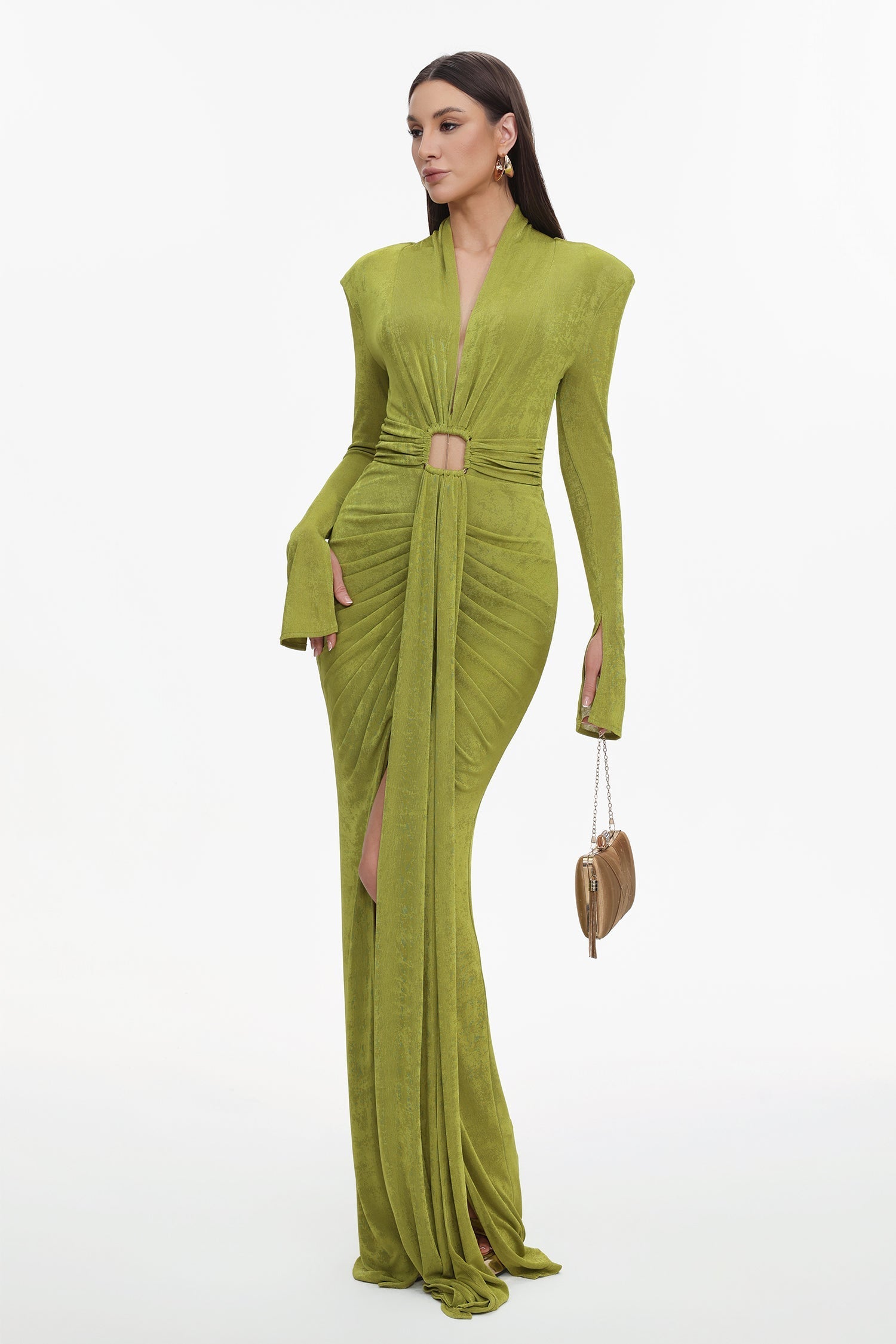 Cecilia Green Maxi Dress with V-Neckline and Ruched Detailing