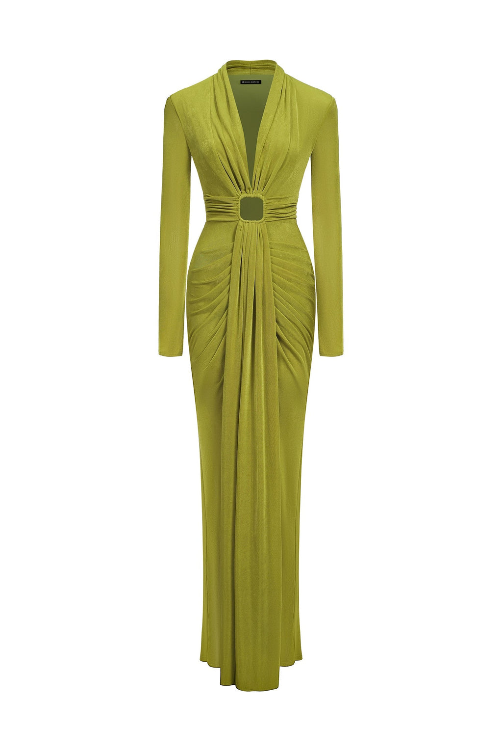 Cecilia Green Maxi Dress with V-Neckline and Ruched Fabric Detailing