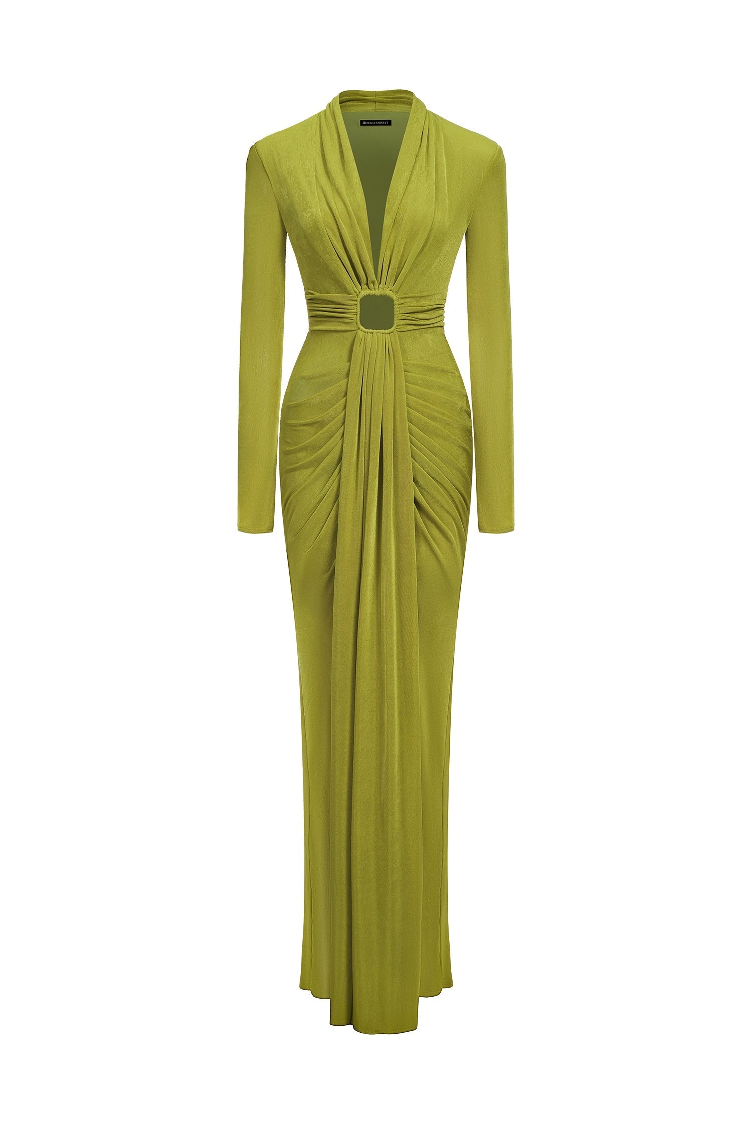 Cecilia Green Maxi Dress with V-Neckline and Ruched Fabric Detailing