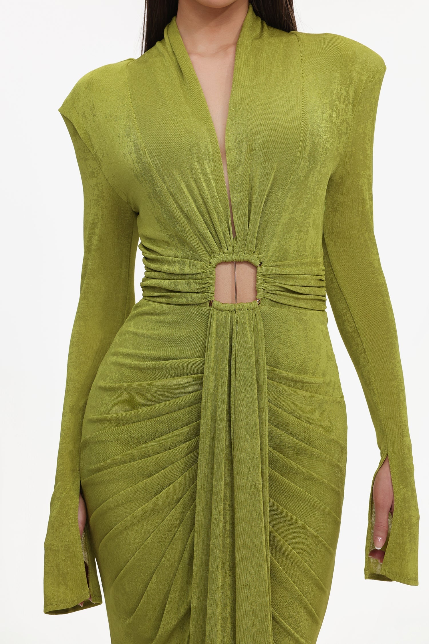 Cecilia Green Maxi Dress V-neckline Ruched Fabric Long Sleeves Keyhole Cutout Elegant Modern Chic Formal Evening Outings