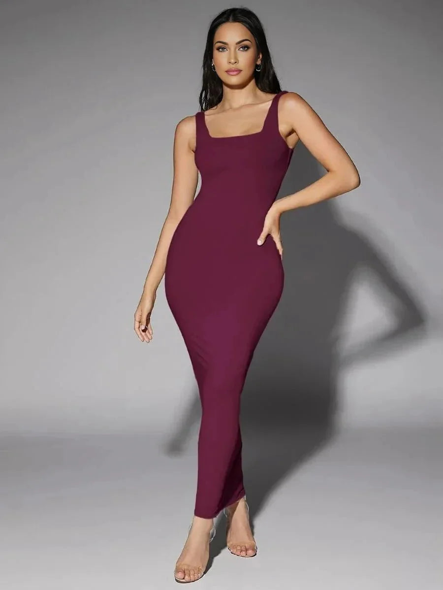 Cecilia Maxi Dress - Square Neckline - Shaped Pencil Hem - Backless Detail - Elegant Style