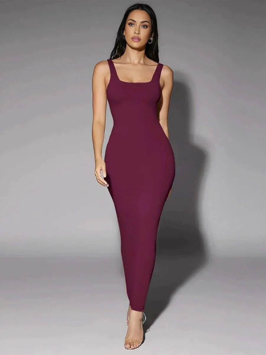 Cecilia Maxi Dress - Square Neckline - Shaped Pencil Hem - Backless Detail - Elegant Style